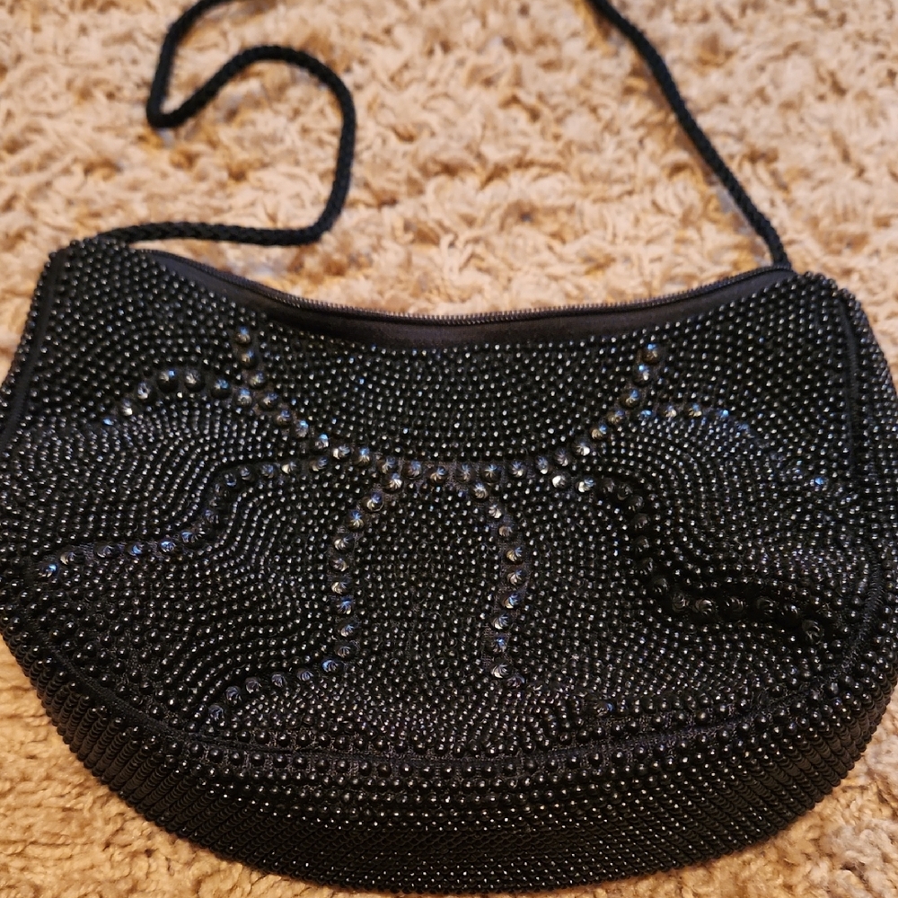 La Regale Black Beaded Evening Shoulder Bag